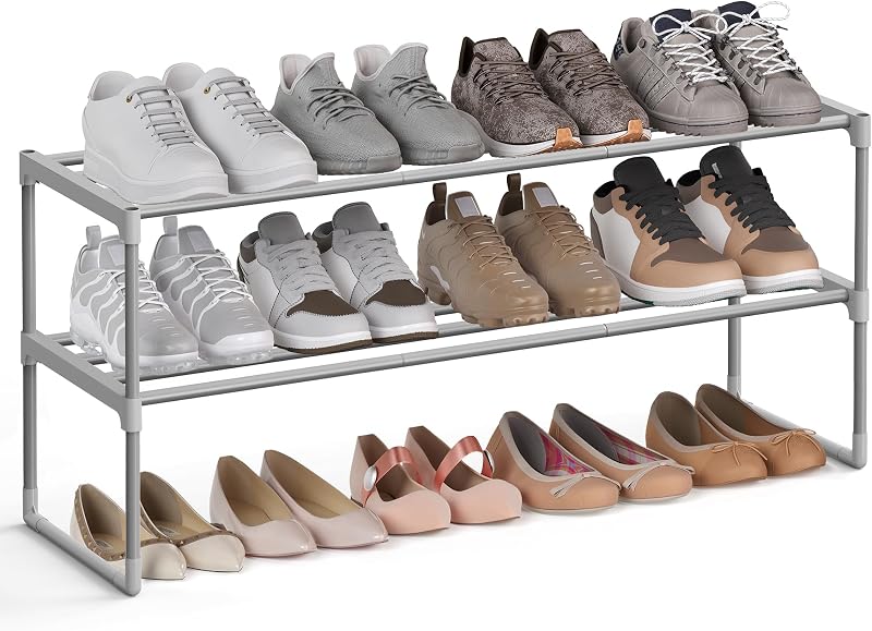 SONGMICS 2-Tier Shoe Rack Storage Organizer Grey 8-10 Pairs 30x92x34 cm