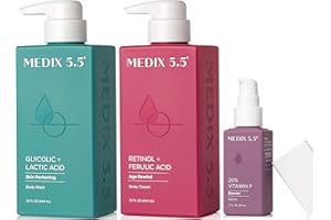 Medix 5.5 Anti Aging Skin Care 3PC Set, Retinol Body Cream + Exfoliating AHA Glycolic Acid Foaming Face & Body Wash + Vitamin F Booster Serum, Wash + Treat + Hydrate Skincare Set