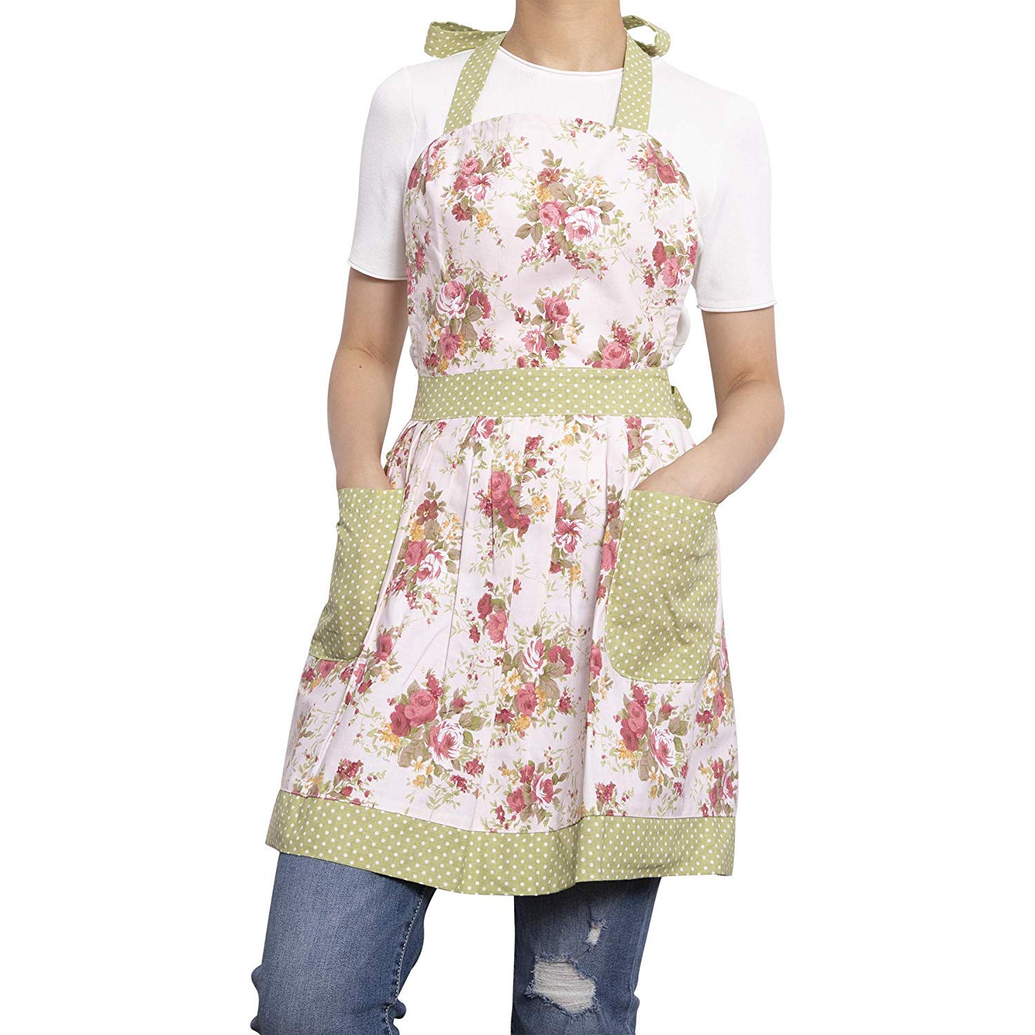 Xiabing Women's Original Floral Apron with Pockets, Adjustable Long Ties for Kitchen Cooking, Baking and Gardening (Mom, Pink Flower With Polka Dot)