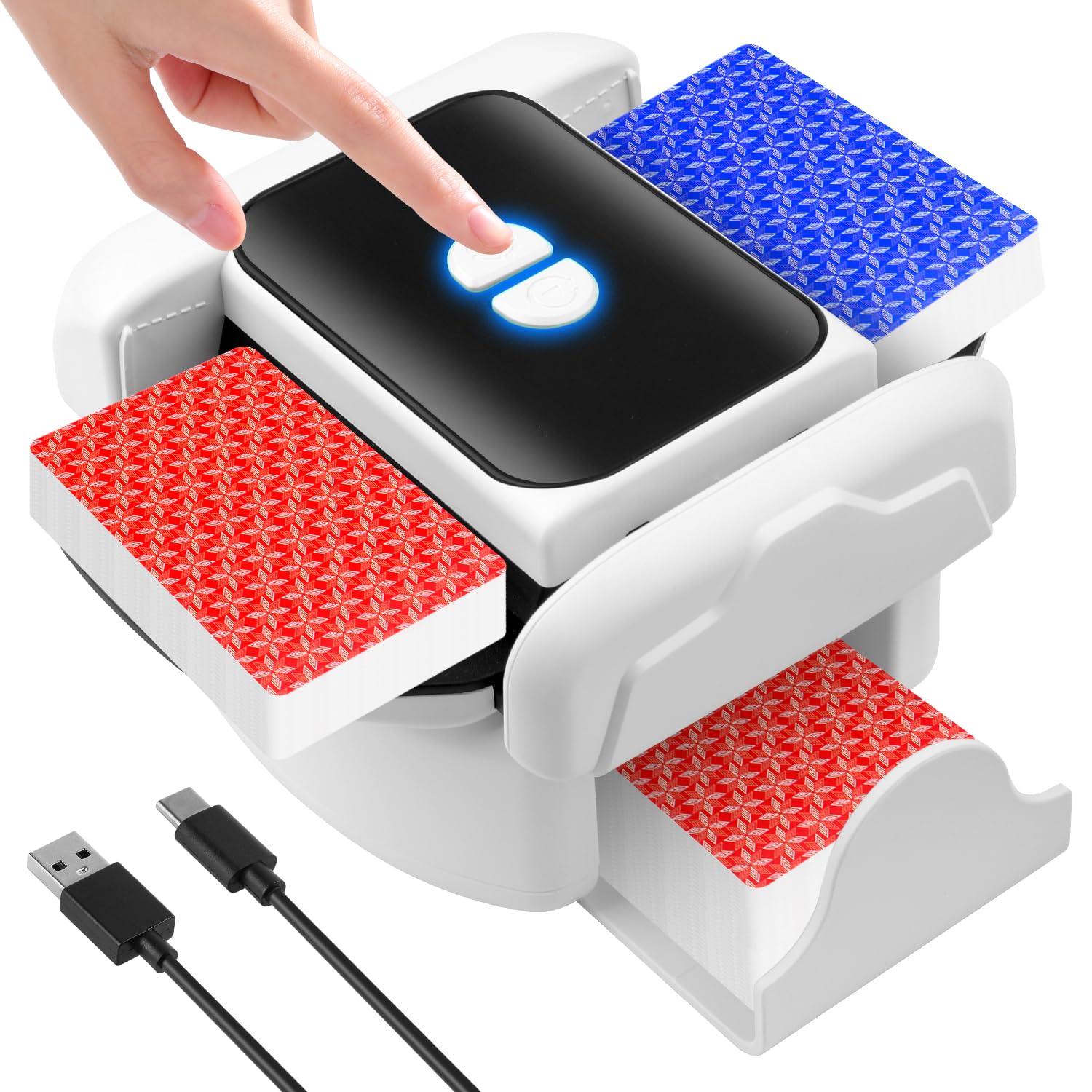 Automatic Card Shuffler Machine for 1-2 Decks, Rechargeable Electric Playing Cards Shuffling Machine with One-Press AUTO&Manual Mode, for Poker, UNO, Skip-Bo, Phase 10 & Party Games