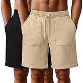 Neer 2 Pack Men's Big and Tall Cotton Linen Blend Bermuda Shorts, Casual 7'' Elastic Drawstring Pockets Flat Front Shorts