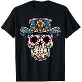 Sugar Skull De Los Muertos Halloween Cowboy Hat Floral Skull T-Shirt