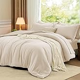 FUANNA Queen Comforter Set Beige, 7 Pieces Soft Bedding Sets Queen Size, All Season Lightweight Bed in a Bag with Comforter, Flat Sheet, Fitted Sheet, Pillowcases & Shams