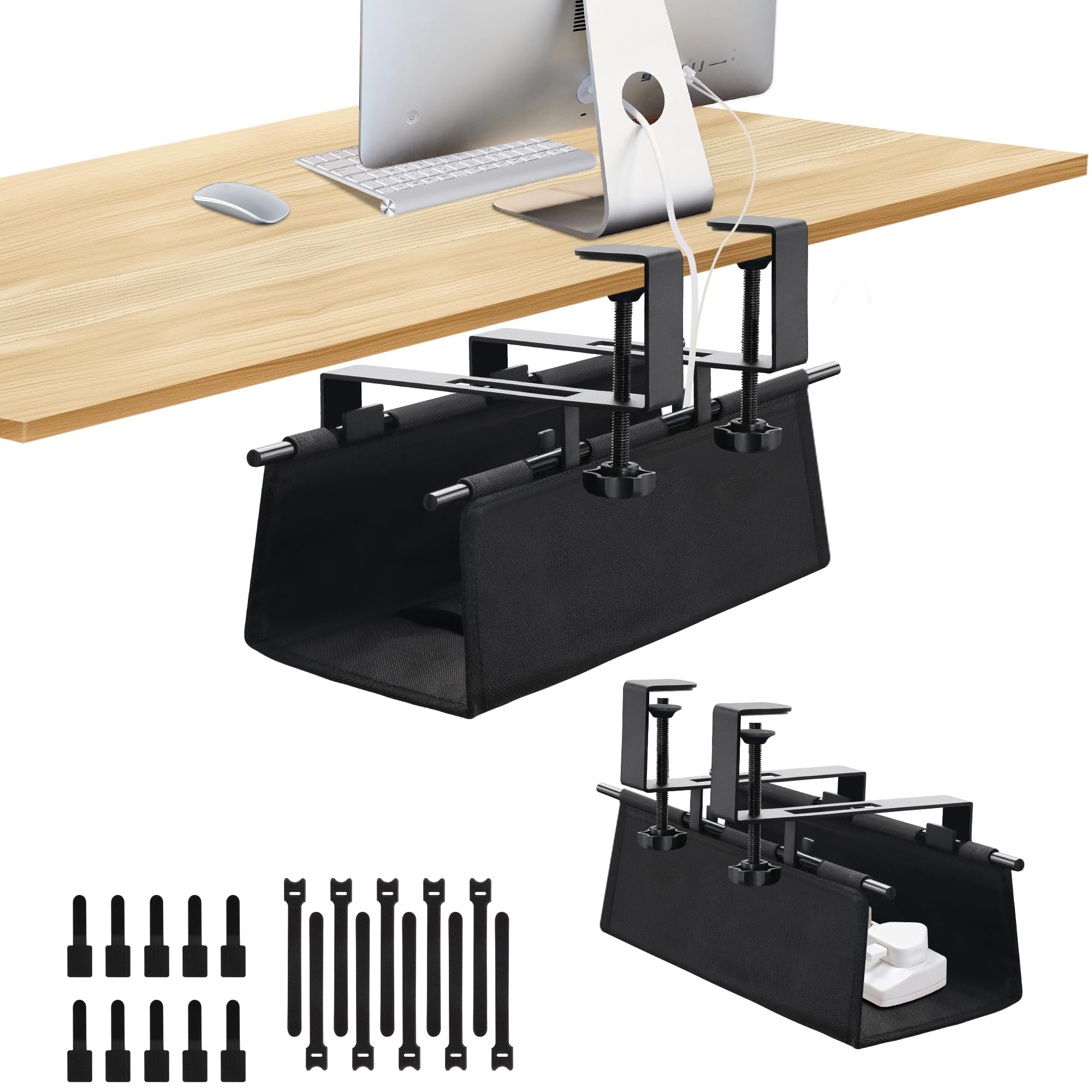 Photo 1 of SKYROSEXSDCT Under Desk Cable Management Tray, Clamp-On Cord Organizer?No Drilling Required, Holds Up to 22 lbs, for Cords, Routers, Power Strips (Black, 28.4inch)