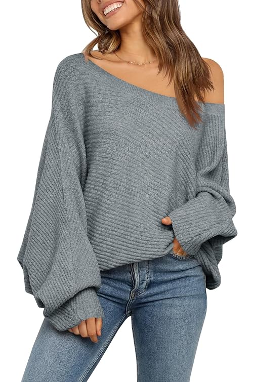 Mafulus Women's Off Shoulder Sweater Batwing Long Sleeve Cable Slouchy Pullover Jumper Tops