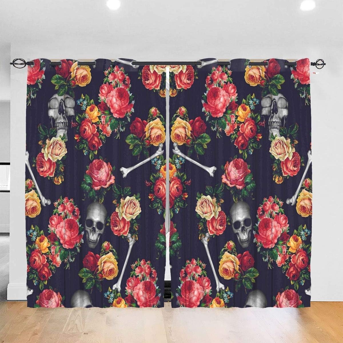 Huesos de calavera y estampado floral Cortinas / cortinas opacas para