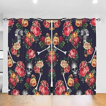 Huesos de calavera y estampado floral Cortinas / cortinas opacas para