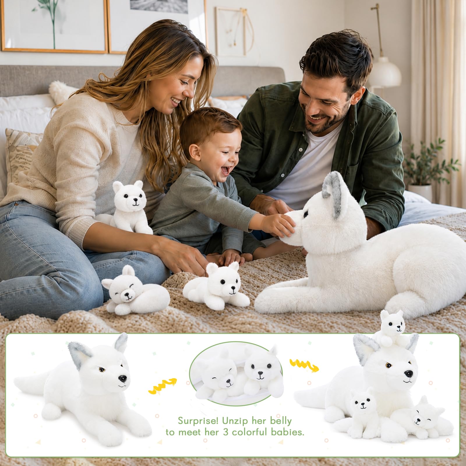 MorisMos groß weiß Fuchs Kuscheltier XXL mit Baby im Bauch, 55cm lang weich riesen Fuchs Stofftier Plüschtier, Geburtstag Weihnachten Geschenk für Kinder Baby 6
