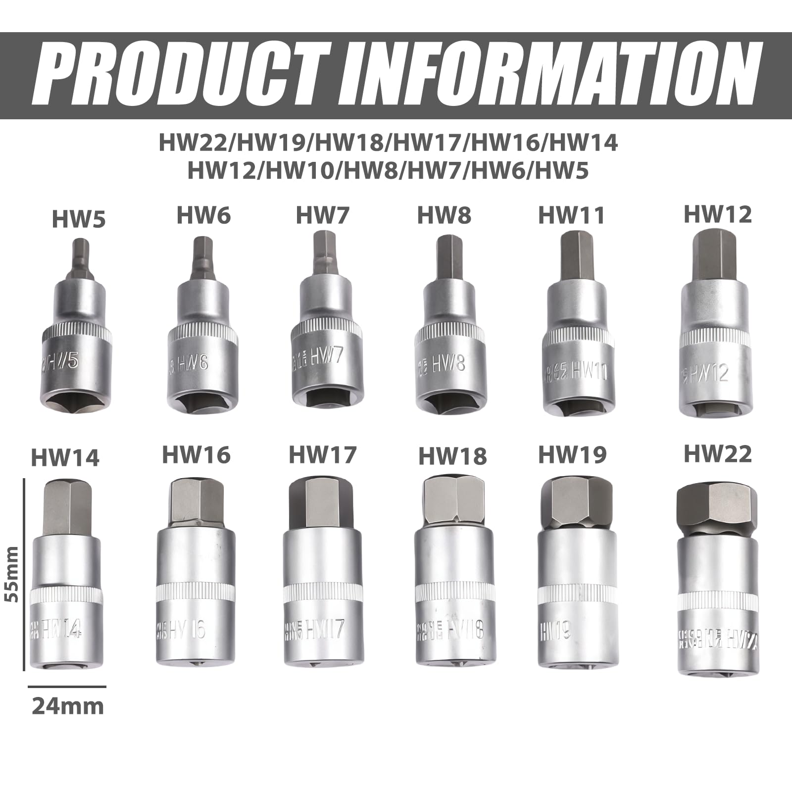 12-tlg Inbus Nuss Satz 1/2'' mit Kunststoffkoffer, Innensechskant Inbus Stecknüsse Set 5-22 mm, 1/2 Zoll für Inbus, Sechskant-Bit-Set 5-22 mm 2