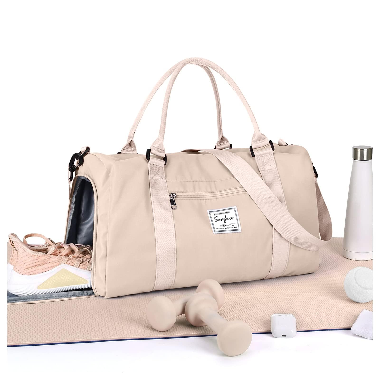 HYC00 Sports Gym Bag Womens Men with Shoes Compartment & Wet Pocket,Waterproof Sports Duffle Bag Large Weekend Overnight Bags Travel Duffle Bags for Women Hospital Holdall for Fitness Yoga Tote,Beige