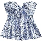 Floerns Women's Boho Floral Strapless Tube Top Bowknot Front Ruffle Hem Bandeau