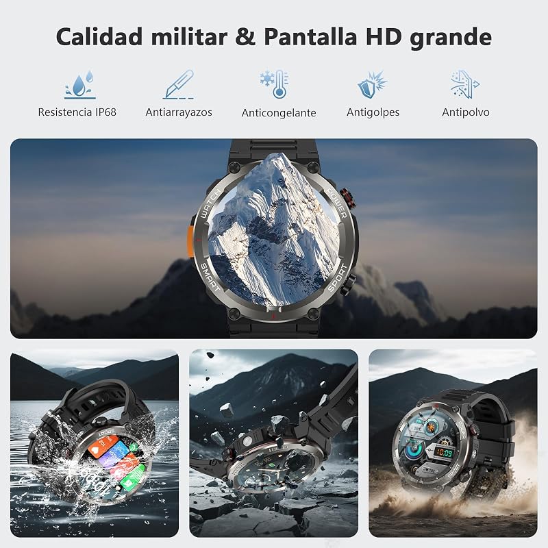 Reloj Inteligente Hombre con Llamadas con Linterna y Brújula, 960mAh Batería 1.45" Militar Smartwatch Hombre con,123 Modos Deporte,Monitor Cardíaco 24h/SpO2/Sueño,Podómetro,IP68,2Correas(iOS/Android)