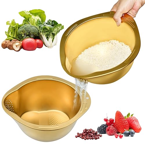 Rice Washer Strainer Bowl, Stainless Steel Washing Bowl with Side Drainers Colander Strainer for Washing Quinoa Fruits Vegetables Beans Pasta (Gold, 2pcs)