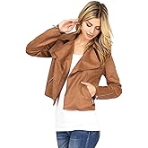Haute Monde Women's Juniors Casual Faux Suede Moto Jacket (Small, Camel)