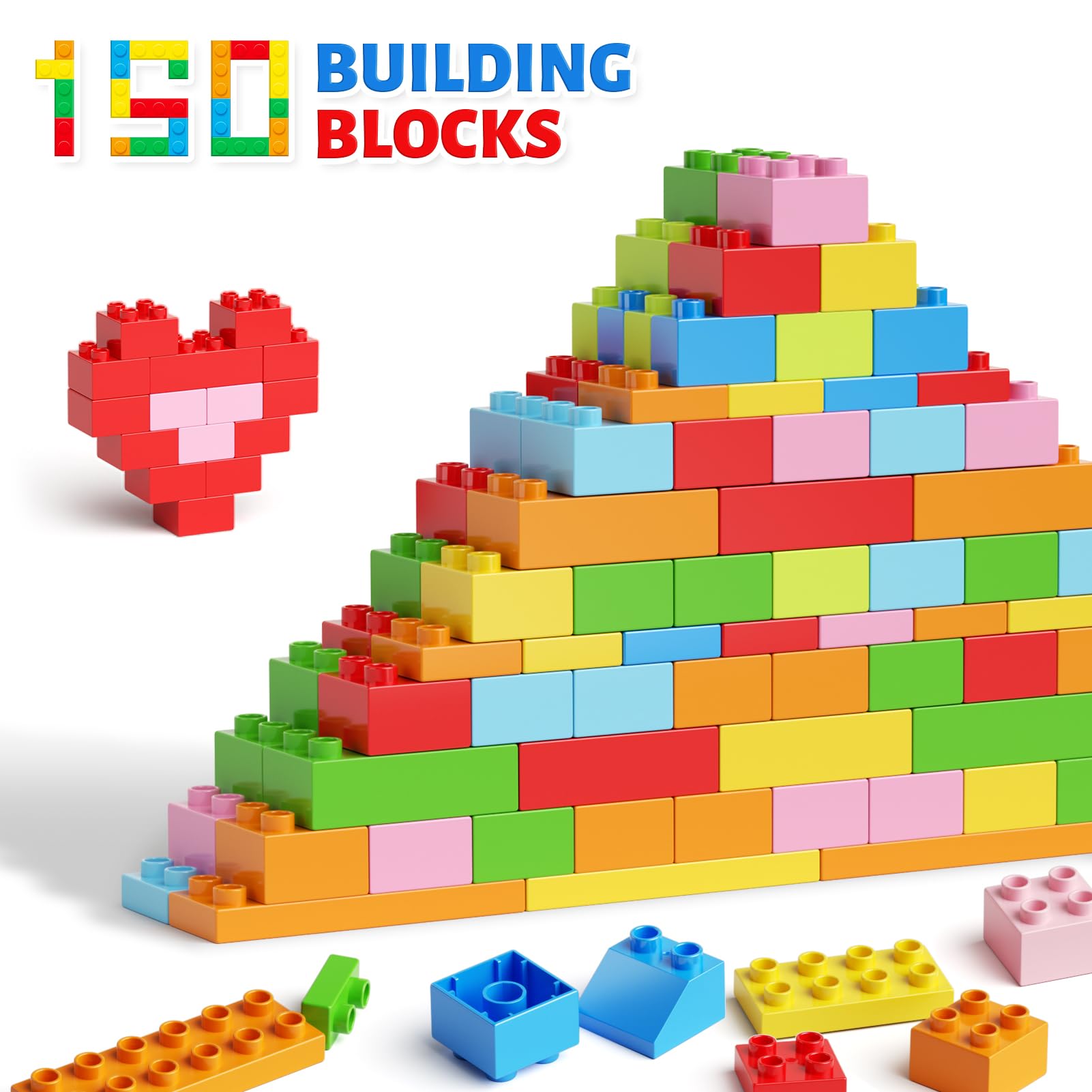 burgkidz 150PCS Jumbo Building Blocks with Clear Storage Box & Baseplate Lid - STEM Educational Toys for Toddlers 3+ Years, Compatible with Major Building Systems