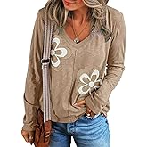 Acelitt Womens Casual Fall Long Sleeve V Neck Floral Tshirts Tops,S-XXL