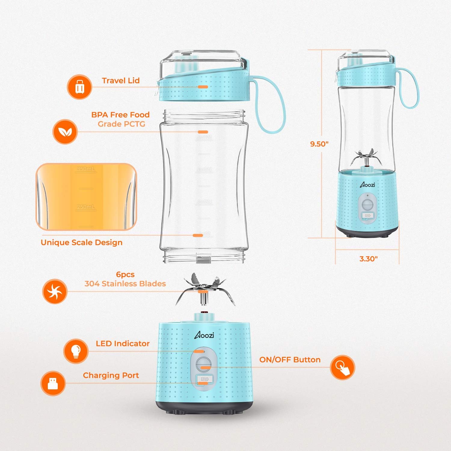 Portable Blender, Personal Size Blender Smoothies and Shakes, Mini Blender 4000mAh USB Rechargeable with Six Blades, Handheld Blender Sports, Travel, Gym (Blue): Kitchen & Dining