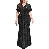 TIARALY Plus Size Sparkly V Neck Wrap Evening Gown Ruffle Sleeve Ruched Formal Mermaid Maxi Dress Wedding Cocktail Party