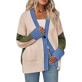Saodimallsu Womens V Neck Cardigan Sweaters Color Block Button Oversized Long Sleeve Open Front Knit Sweater Coats