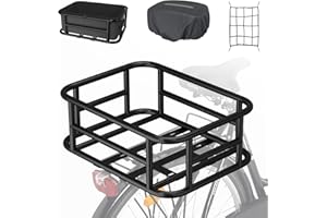 BIG LIGHTING DEALS Large Rear Bike Basket with Liner & Waterproof Cover, Heavy Duty Metal Rack for Electric Bike, Bicycle Rear Rack Basket with Cargo Net, for Outdoor Cycling, Commuting & Shopping