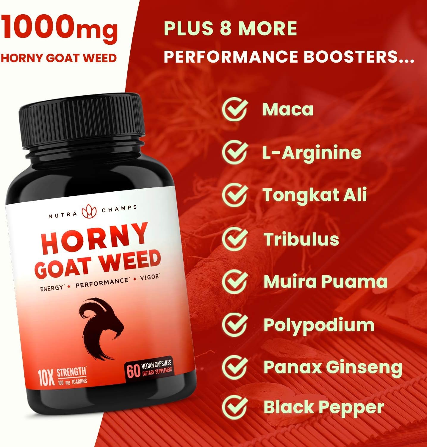 Premium Horny Goat Weed Extract [10X Strength Icariins] with Maca, Tribulus & Ginseng - Energy & Performance Complex for Men & Women - 1000mg Epimedium Powder Pills Supplement, Vegan Capsules: Health & Personal Care