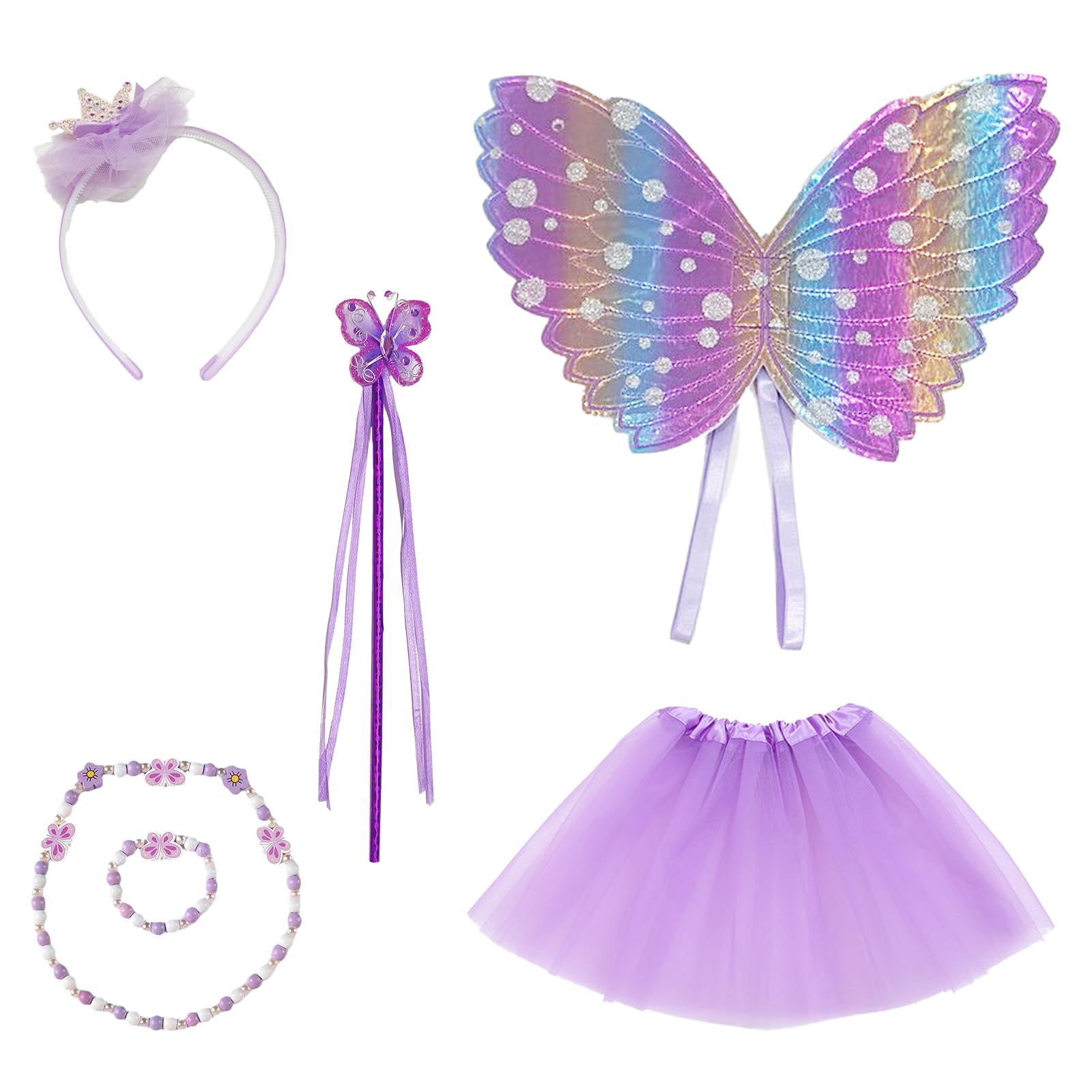 Fairy Costume for Girls, 6Pcs Butterfly Costume Kids with Butterfly Wings Kids, Fairy Wand, Purple Tutu, Crown Hair Band, Necklace, Bracelet, Fairy Wings Dress Up for Girls Age 3-6, Purple