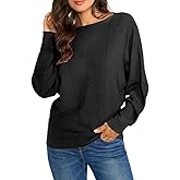 Ckikiou Spring Fall Boat Neck Batwing Soft Knitted Sweater for Women Casual Loose Dolman Sleeve Ribbed Pullover Top