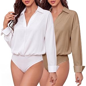 Coume 2 Pack Women Bodysuits Long Sleeve Collared V Neck Office Shirt Solid One Piece Blouse Top Business Casual Professional