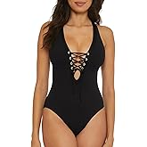 Becca Womens Modern Edge One Piece Swimsuit, Plunge Neck, Criss Cross, Bathing Suits for Women