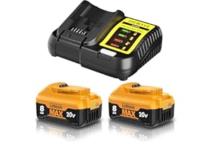 BATTOOL 2-Pack 8.0Ah Replacement for DeWalt 20V Battery and Charger Kit DCB200 DCB201 DCB203 DCB205 DCB206 DCB207 Compatible 