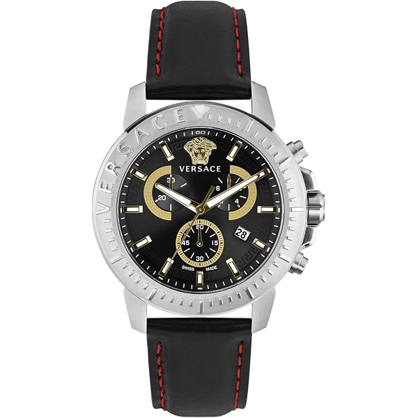 Versace Watch Palestro Date Chronograph Black Gold Dial SS Leather Quartz Analog Versace Palestro Leather Strap Chronograph Watch - Ip Black  main image 4
