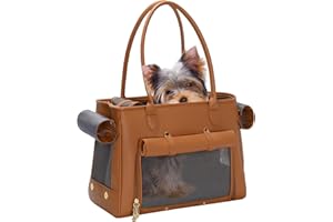 Fashion Pet Carrier Purse for Small Cat and Dog, Luxury Pu Soft-Sided Tote Bag with Large Pockets for Dogs and Puppies (Brown