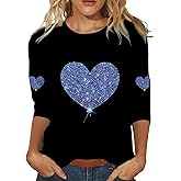Womens Valentines Day Blouse 3/4 Sleeve Love Sweatshirt Holiday Sequin Heart Shirt Casual Crewneck Tunic Tops 2026