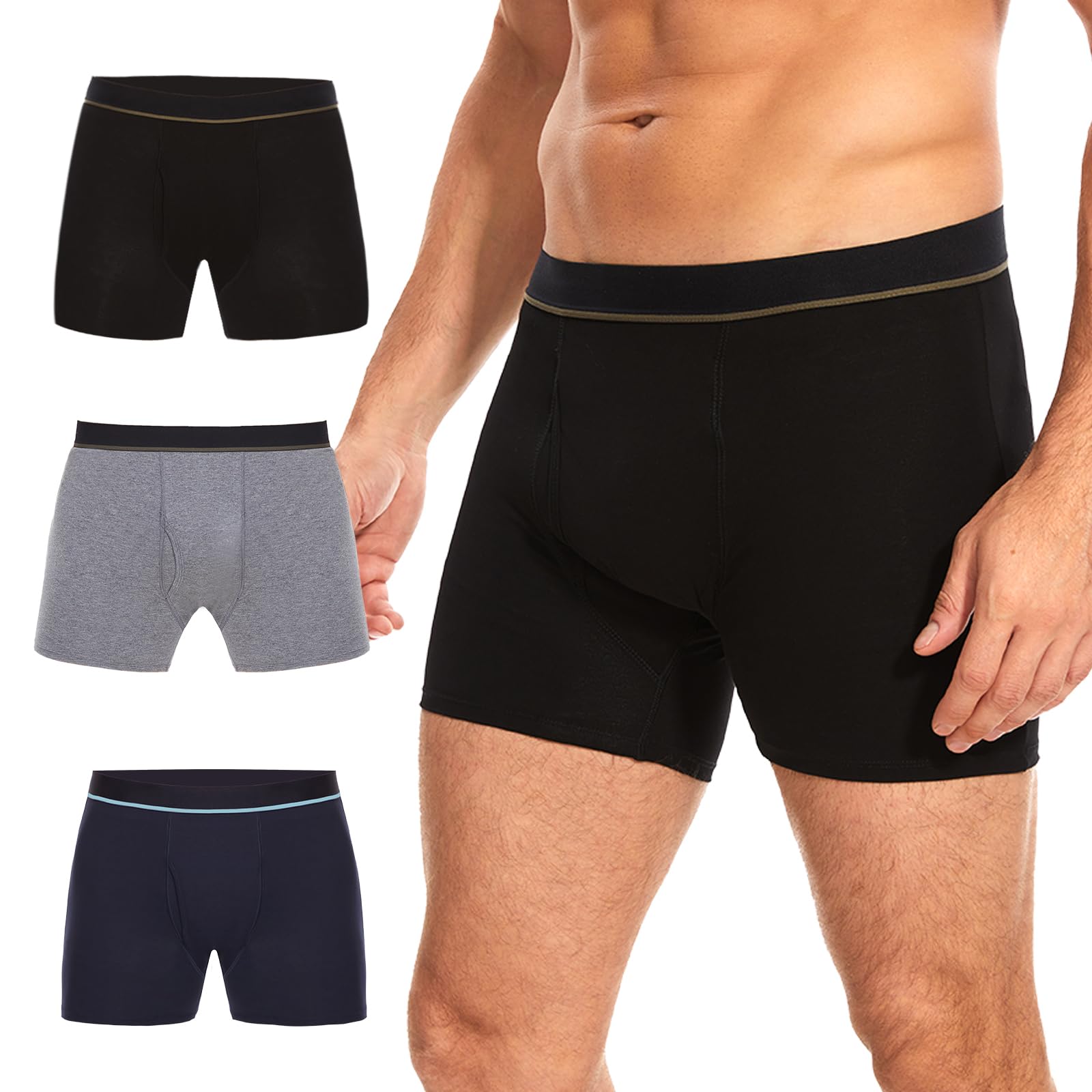 Photo 1 of ShieldEase Washable Incontinence Boxer Briefs for Men - Cotton Urinary Leakproof Underwear with Fly, Enhanced Front & Rear Protection 150 ml Absorbency (3 Pack, 4XL, Black+Blue+Gray)