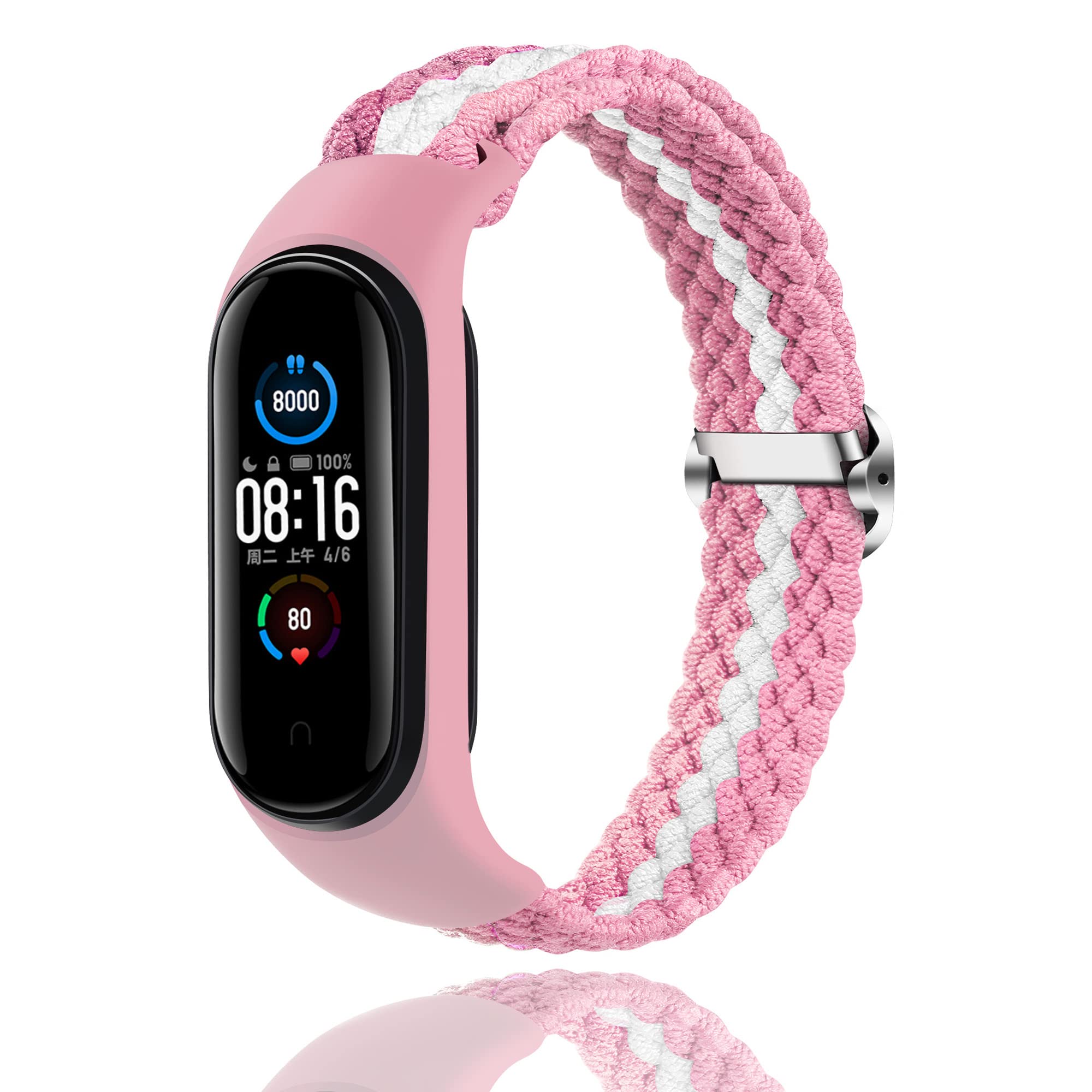 Keecuty Nylon Watch Strap for Mi Band 6/5/4/3 Stretch Fabric Bracelet Braided Soft Nylon Sports Bracelets Stretch Breathable Expandable Watch Strap for Mi Band 6/5/4/3, Pink White