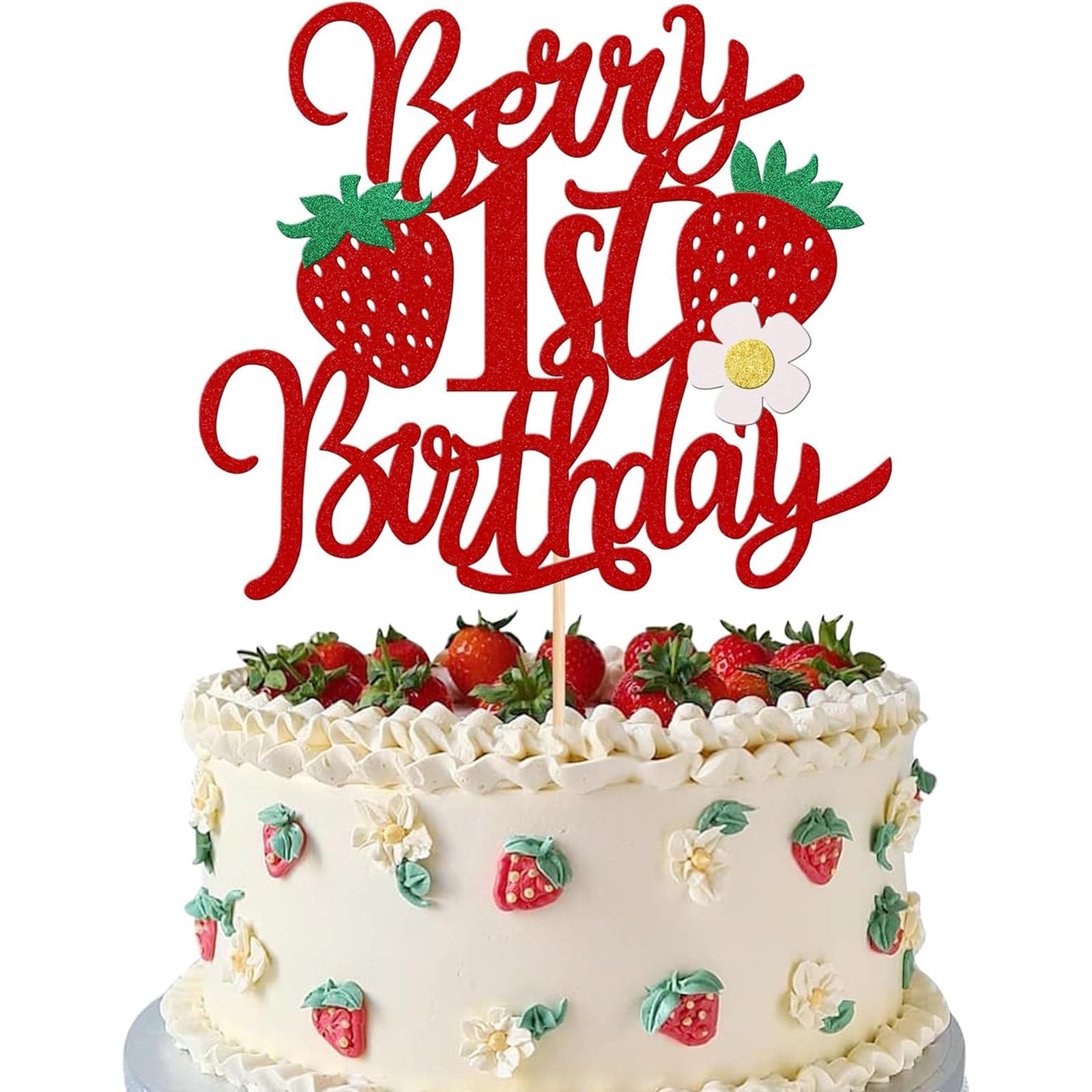 Photo 1 of 1 PCS Strawberry 1st Birthday Cake Topper, First Birthday Strawberry One Cake Pick, with Flower Glitter Sweet Fruit Theme for Baby Shower 1 Age Berry Theme Party Cakes Decorations Supplies