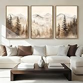 IARTTOP Large Mountain Forest Framed Canvas Wall Art 16x24 Inch Set of 3 Abstract Misty Woodland Painting Modern Farmhouse Art Prints for Living room Dining room