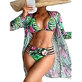 ChiaoLezhee Women's 3 Piece Tropical Bikini Set with Mesh Coverup, Sexy Crisscross Cutout Swimsuits for Pool Party