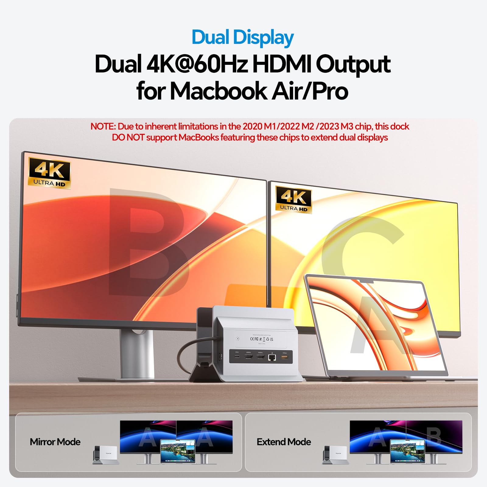 MacBook Dockingstation für Dual Monitore, Dual USB-C Laptop Docking Station mit 2 HDMI 4K@60Hz, USB A/C 10 Gbit/s, Ethernet, NVMe SSD Gehäuse, SD/TF Vertical Dock Ständer für MacBook Air/Pro M3 M4 M5 4