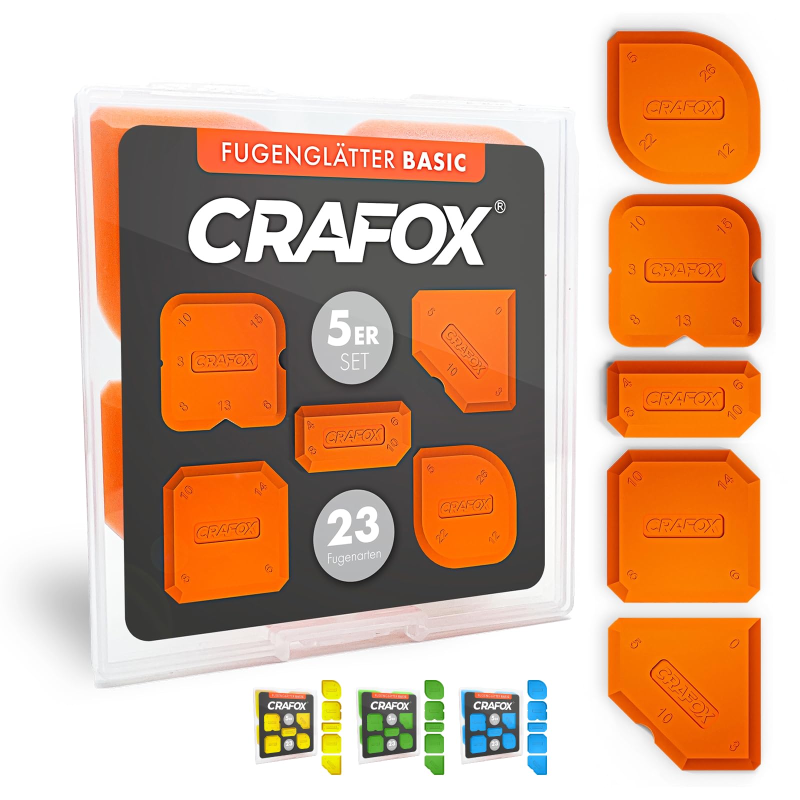 CRAFOX Grout Smoother Set of 5 Orange - 23 Joint Shapes - Silicone Squeegee & Joint Squeegee for Perfect Silicone Joints - Acrylic & Silicone Tool for Bathroom Kitchen Windows - Includes Storage Box