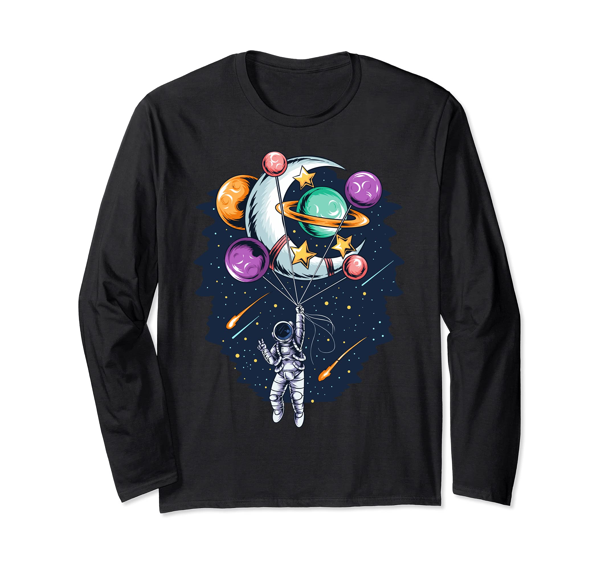 Space Astronaut Flying Holding Planet and Moon Balloons Long Sleeve T-Shirt