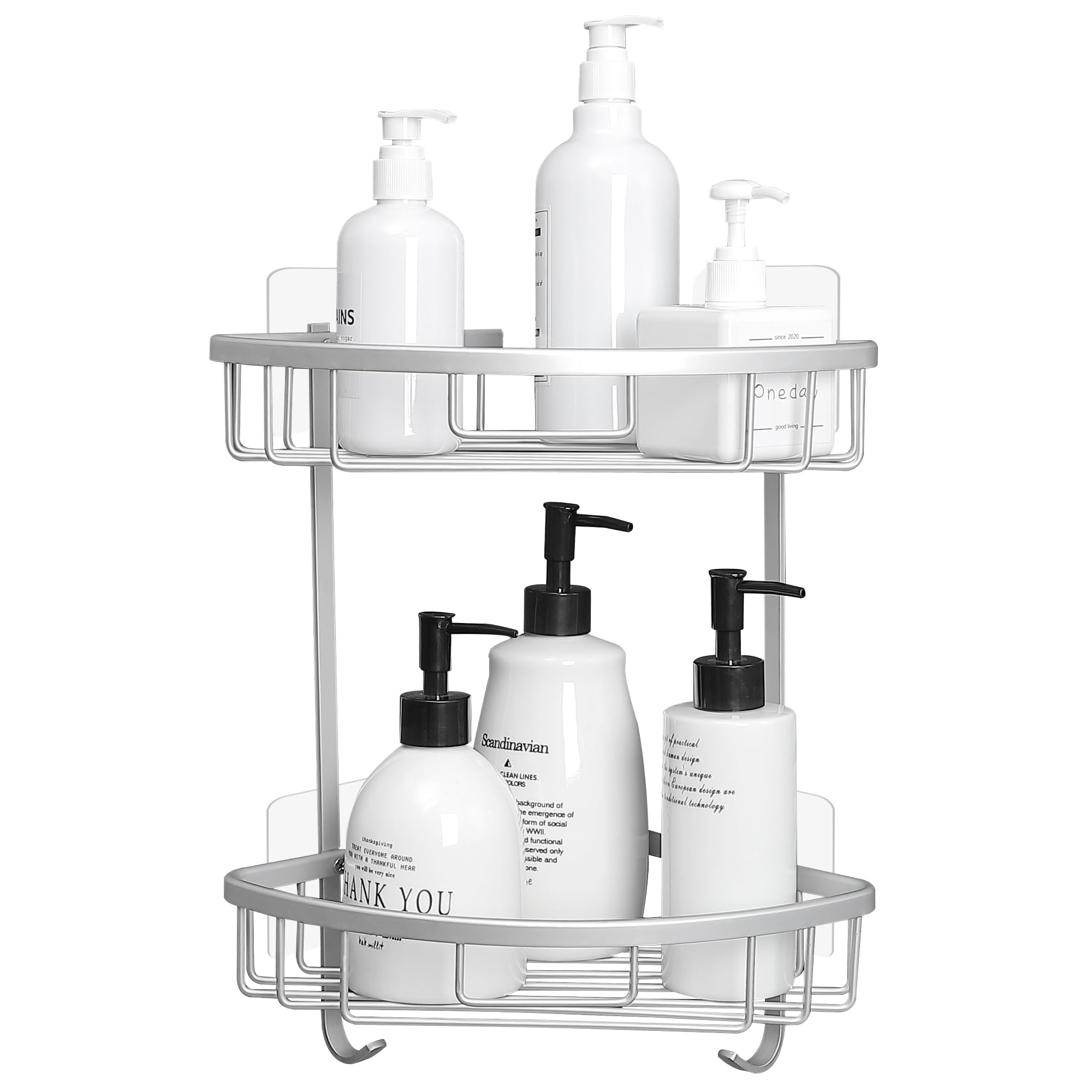 GRICOL Shower Caddy No Drilling Shower Corner Shelf with Stickers Shower Organiser Adhesive Shower Basket Metal Rustproof Bathroom Shelves with 2 Hooks 2 Tiers Silver