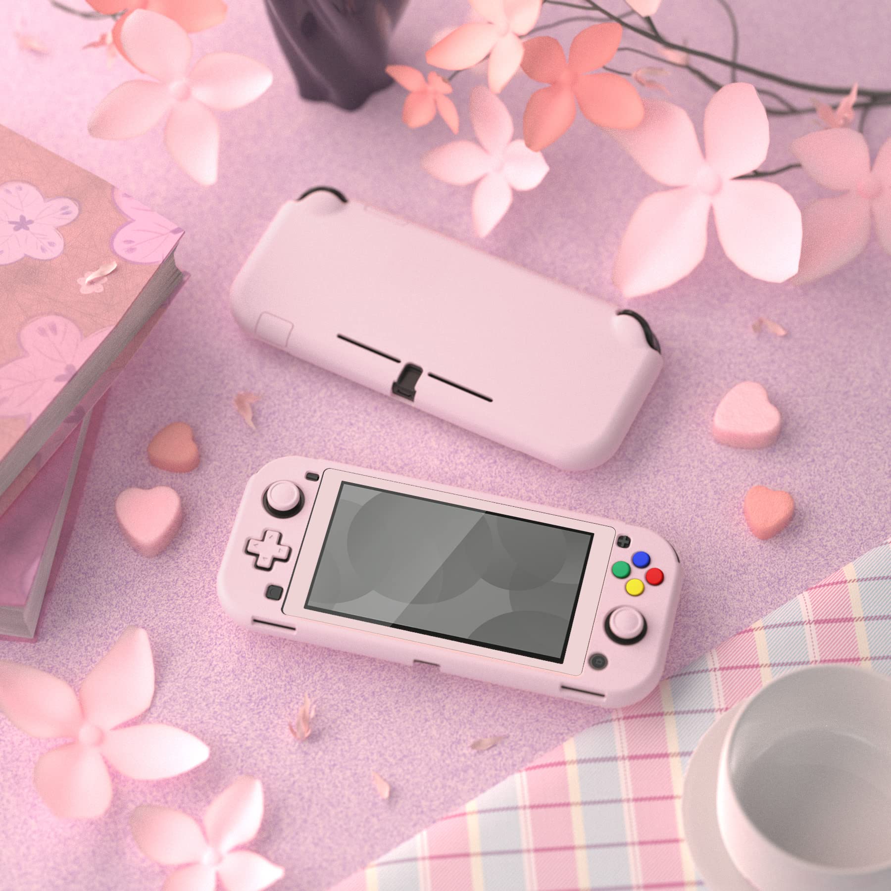 eXtremeRate PlayVital Protective Grip Case for Nintendo Switch Lite, Cherry Blossoms Pink Hard Cover Protector for Nintendo Switch Lite - 1 x White Border Tempered Glass Screen Protector Included