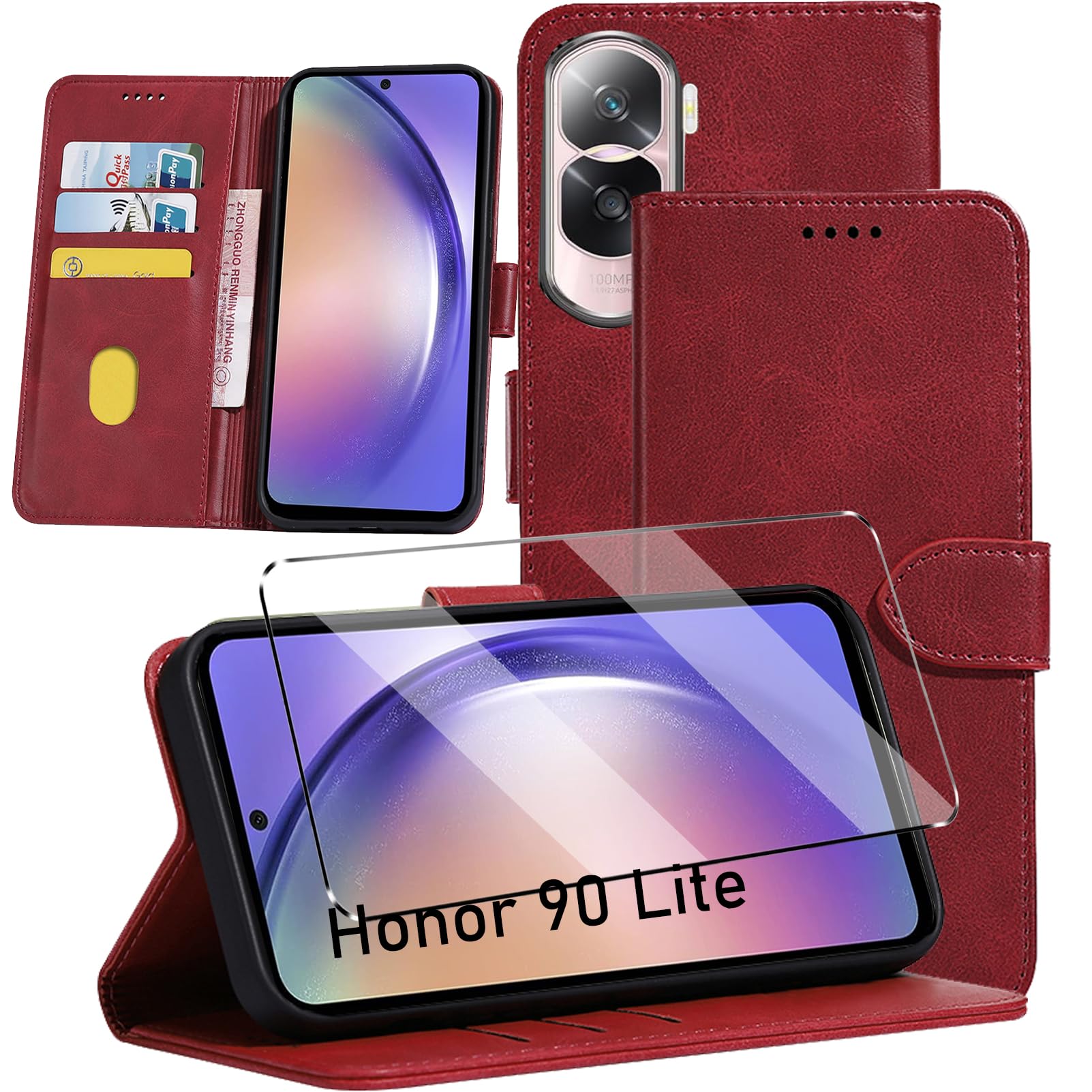HuiYouMY 2-in-1 Case Compatible with Honor 90 Lite Leather Phone Case, Wallet Case Cover [Card Slots] [Kickstand] Magnetic Closure Full Protection Book Folio Design wallet flip phone case - Red