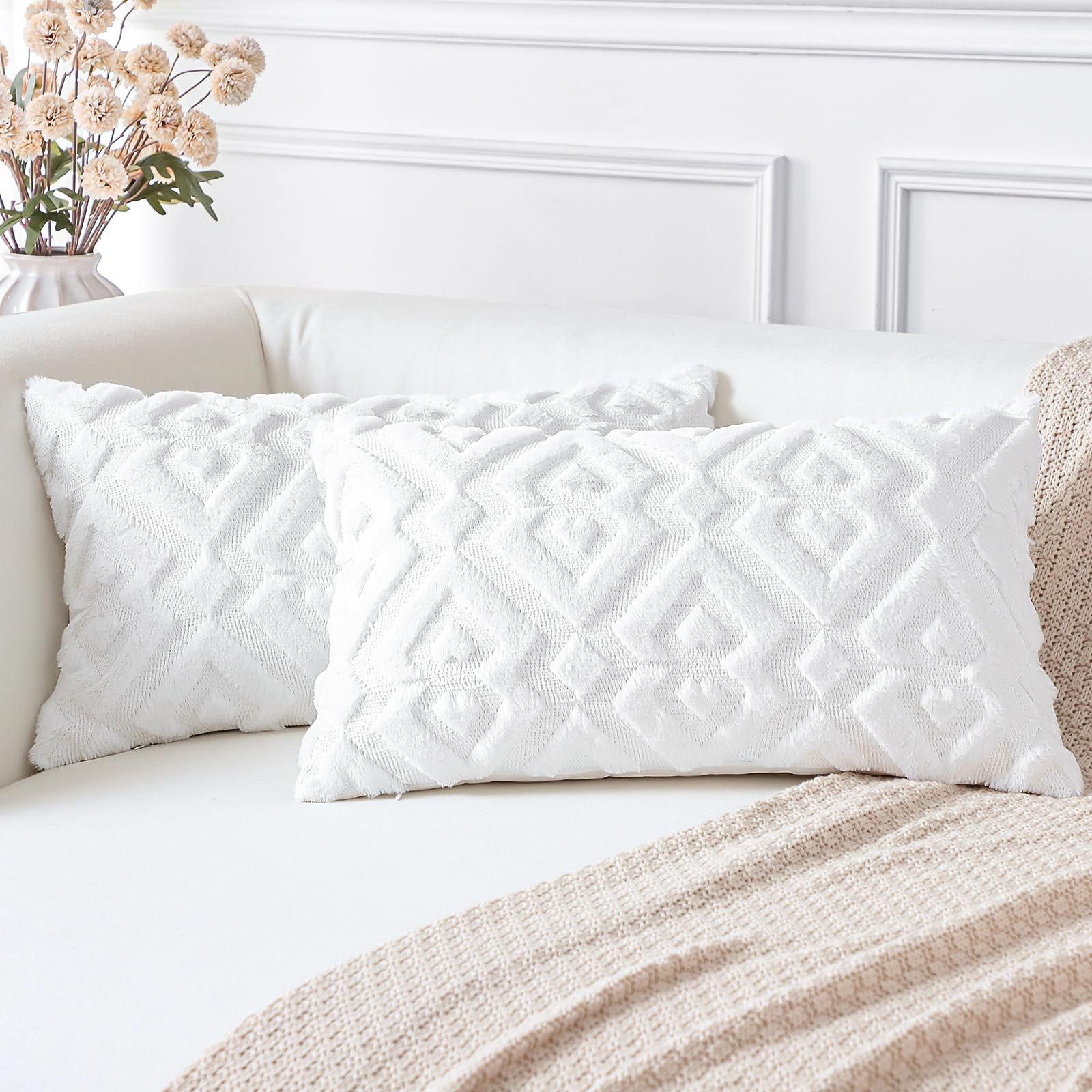 Artscope White Throw Pillow Covers 12x20 Set of 2 Soft Plush Faux Wool ...