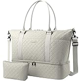 HOTOR Travel Duffel Bag - Weekender Bags for Women, Gym Tote Bags with Shoe Compartment, Carry On Overnight Bag with Toiletry Bag for Travel Essentials and Travel Accessories, Beige, 13.4"×17.3"×7.9"