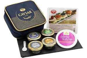 OLMA Majestic Caviar Gift Set - 8 oz (224g) of Caviar, Includes Kaluga Royal, Siberian Osetra Aurora, White Sturgeon, Paddlefish, Serving Spoon & Blinis - Superior Grade Fresh Roe Fish Eggs