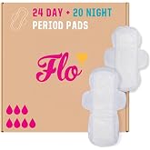 Flo - Day + Night Menstrual Pads (24 Day + 20 Night) - Organic Bamboo Period Pads for Women - Winged, Ultra-Thin - Absorbent, Soft &amp; Breathable - Plant Based &ndash; Vegan, Cruelty Free