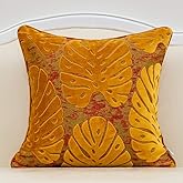 Alerfa 18 x 18 Inch Square Leaf Pillow Embroidery Cut Velvet Cushion Case Luxury Modern Lumbar Throw Pillow Cover Decorative Pillow for Couch Sofa Living Room Bedroom Car, Orange