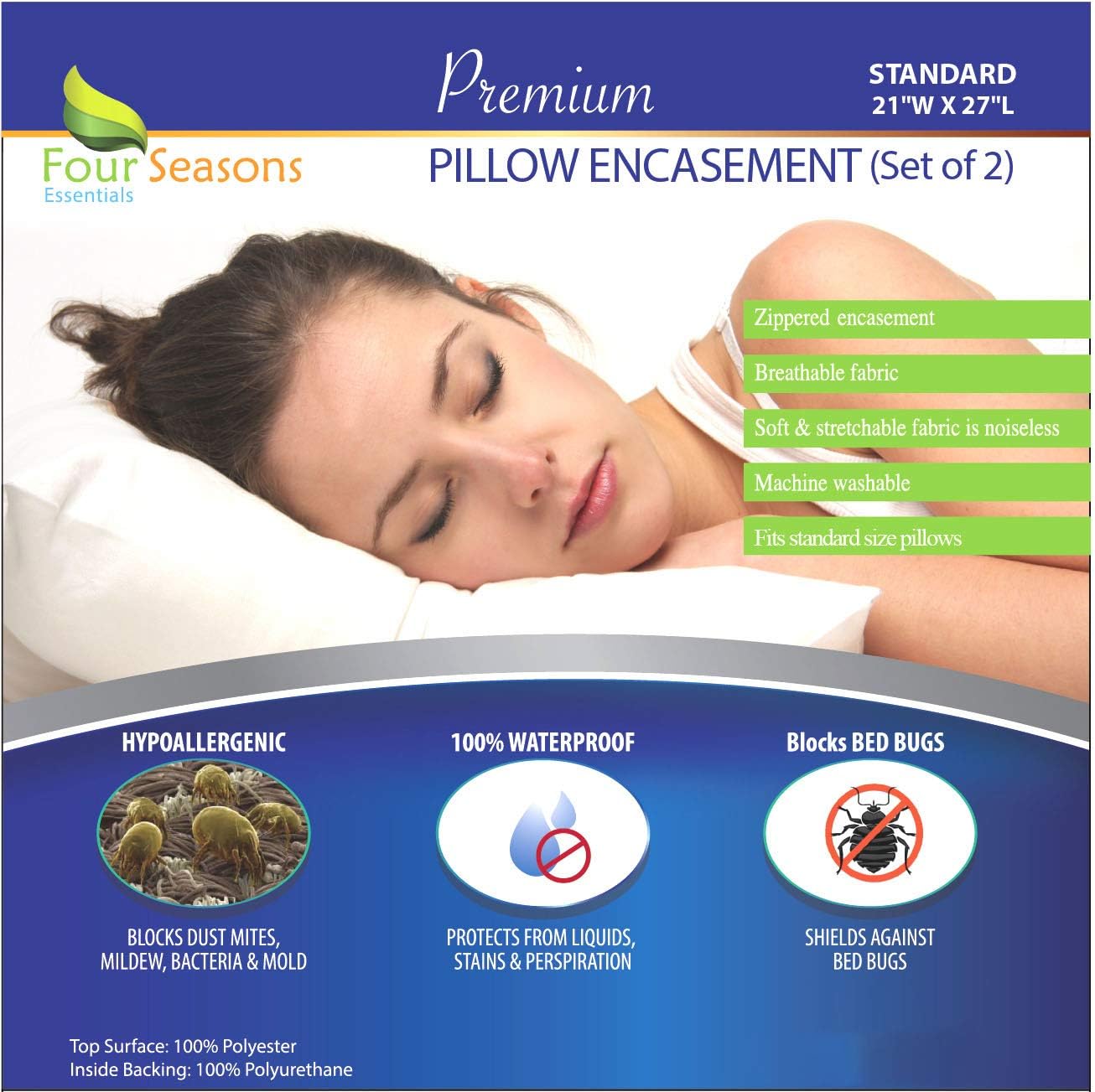 Four Seasons Essentials Standard Pillow Protectors (Set of 2) – Allergy Pillow Cover Bedbug Waterproof Hypoallergenic Dust Mite Proof Zippered Encasement: Home & Kitchen